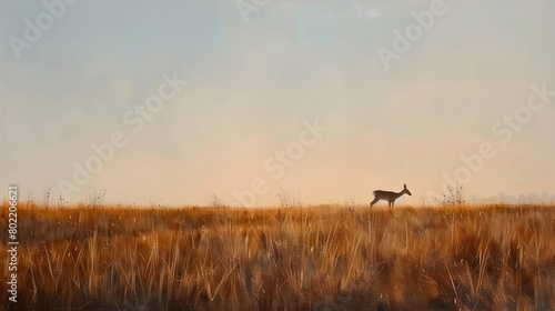 Solitary Deer Grazing in Autumnal Meadow at Twilight © doraclub