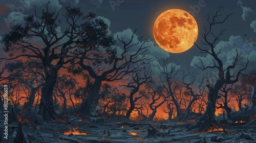 The burnt forest glowed eerily under the full moon, casting haunting shadows and silhouettes, enveloping an intense, dramatic aura. © Kanisorn