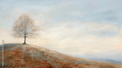 A Lone Leafless Tree on a Hilltop in Autumn Beneath a Soft Morning Sky
