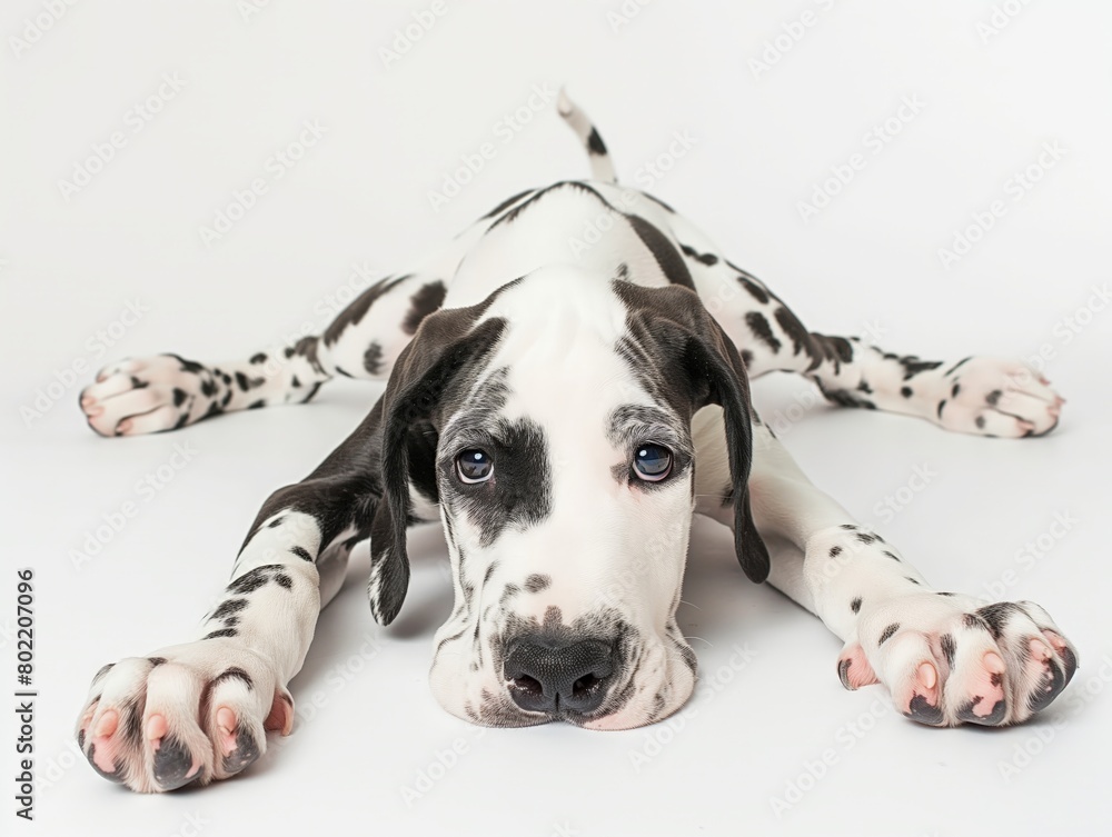 Cute Great Dane puppy lying on a white background looking at the camera with soulful eyes.