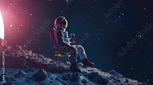 Atmospheric image of an astronaut leisurely sipping wine against a cosmic red nebula, evoking feelings of solitude and contemplation
