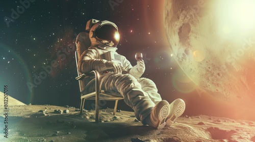 An astronaut kicks back with legs propped up, sipping wine with the moon and distant sun in the backdrop Showcases interstellar chill and leisure time