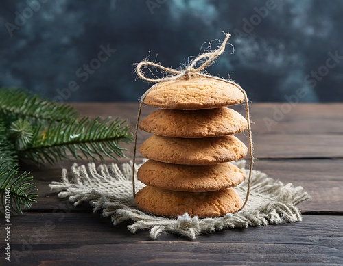 Neat pile of some biscuits tied with a string on a dark wooden table. At the side a sprig of conifer.