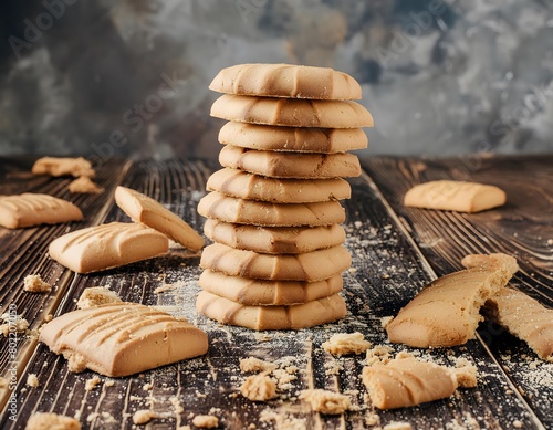 Stack of biscuits on a dark wooden table. Crumbs all around.
