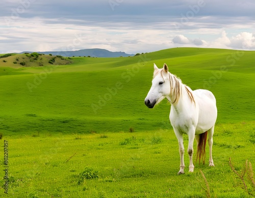 Elegant white horse strolls over green hills.