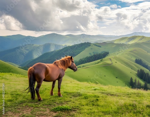 Brown-coated horse on a green meadow in the mountains. Bucolic landscape in the background.
