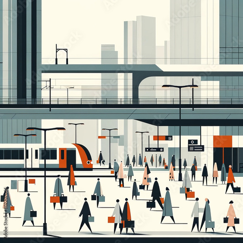 Train Station Illustration with Modern Urban Landscape