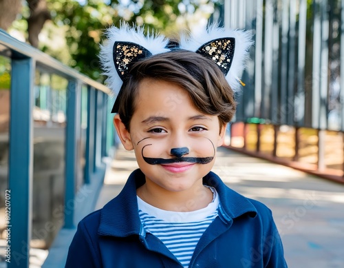 Portrait of a smiling child with cat ears and a moustache drawn on his face.