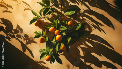 Branche avec des oranges devant un mur ensoleillé