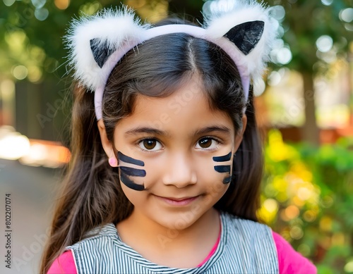 Portrait of a little girl with black hair, a headband in the shape of cat ears and three black lines on her cheeks.