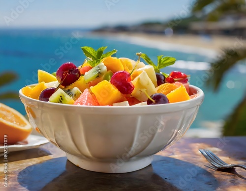 Close-up of a bowl filled with fruit salad on an outdoor table. Blurred background of a beach in summer.