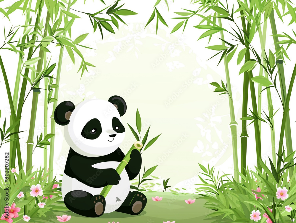 Cute cartoon panda sitting on the ground holding bamboo, surrounded by tall green and dense bamboo with pink flowers in a spring forest background. Cute cartoon panda sitting on the ground holding bamboo, surrounded by tall green and dense bamboo with pink flowers in a spring forest background.