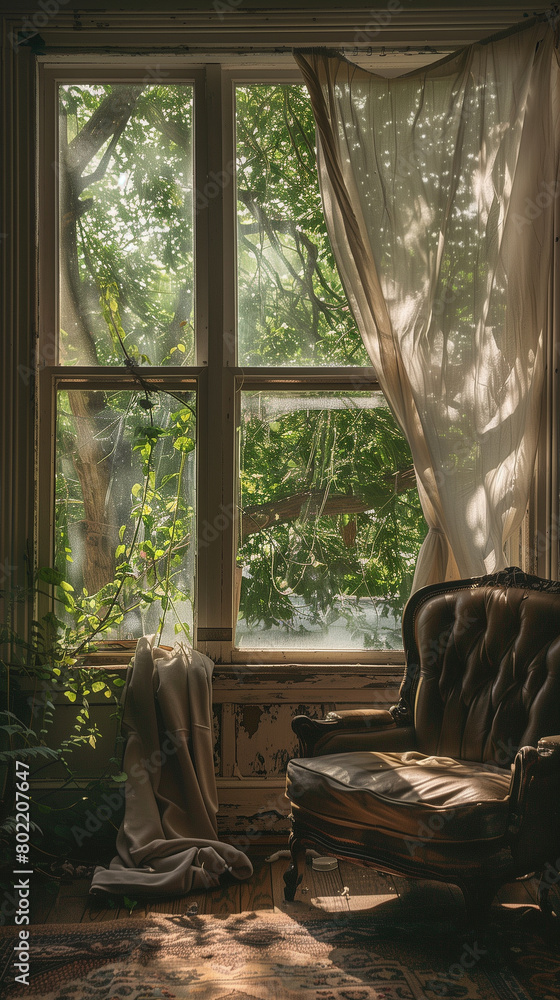 Fototapeta premium a comfortable armchair by the window with white curtains
