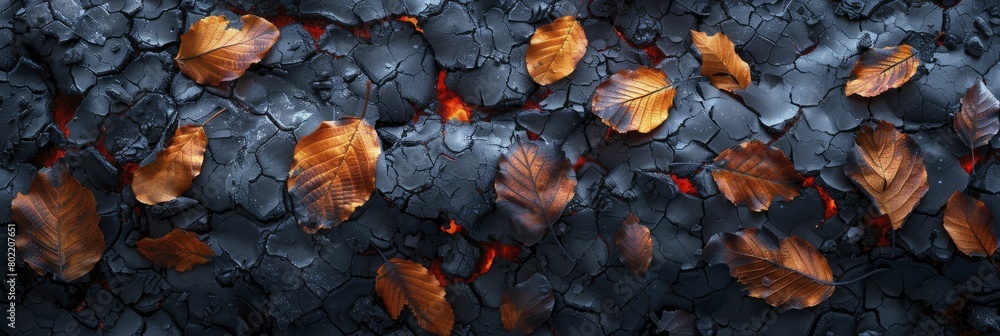 Capturing the intricate details of fire's aftermath, the macro shot reveals charred leaves and ash scattered across the forest floor. Capturing the intricate details of fire's aftermath, the macro shot reveals charred leaves and ash scattered across the forest floor.