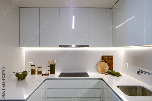 Small modern kitchen with white cabinets, faux stone countertops, integrated appliances, inset single bowl sink and fresh artichokes in a bowl