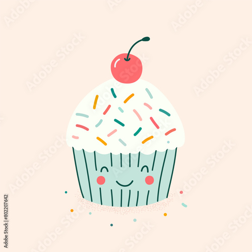 Cute cartoon cupcake on a colored background. Vector illustration for printing. Cute children's background.