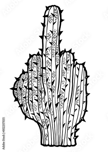 Cactus peyote in form of middle finger obscene gesture sketch engraving PNG illustration. Scratch board style imitation. Black and white hand drawn image.