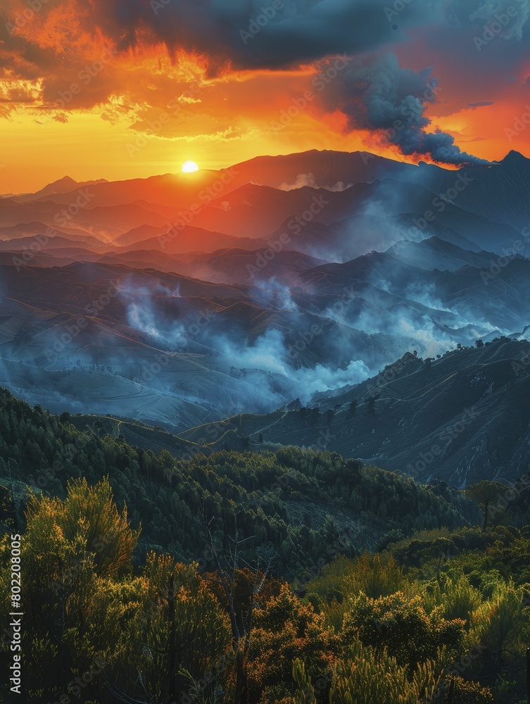 Captured in one frame: A mountain range's silhouette, fire lines visible, smoke billowing under a dramatic sunset-lit sky.