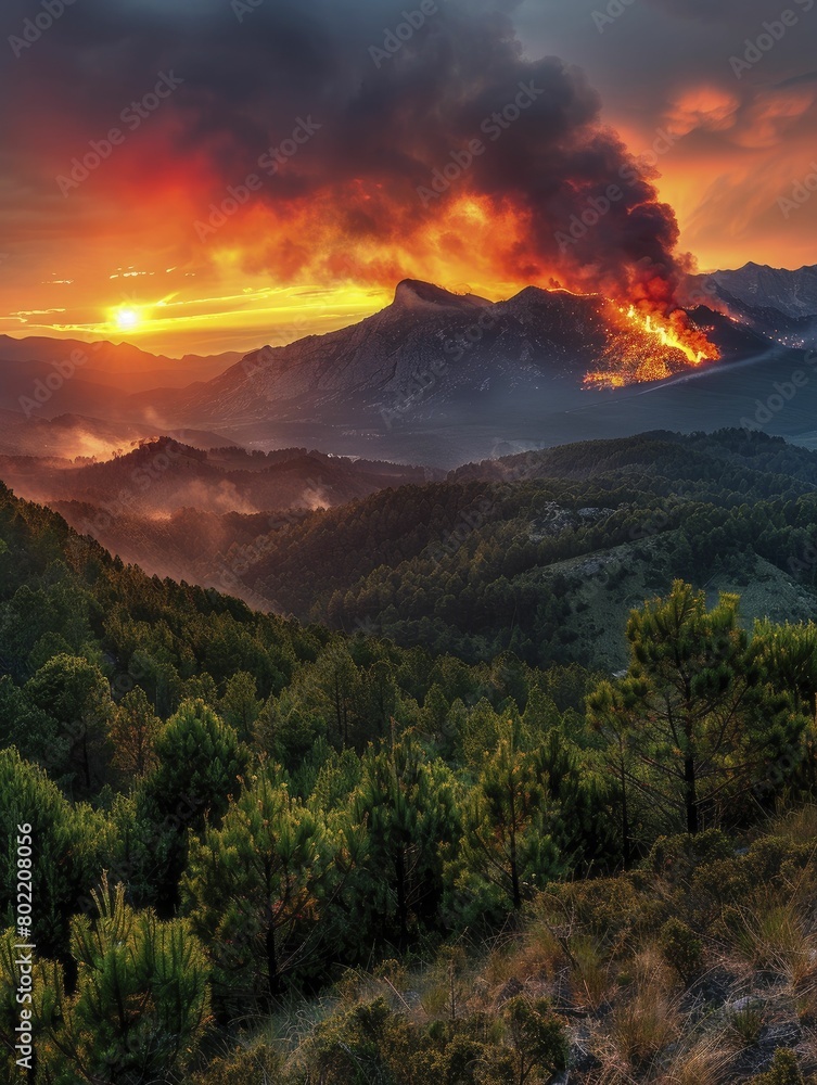 The mountain range is engulfed in flames, smoke billowing under the fiery sunset sky, creating a dramatic and intense scene.