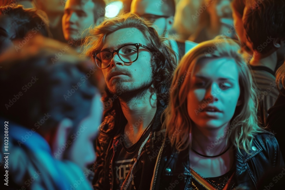 Portrait of a young man in front of a crowd of people Portrait of a young man in front of a crowd of people