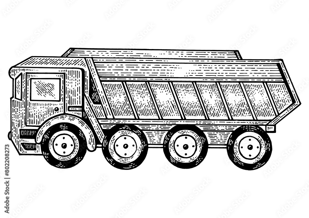 Dump truck lorry machine sketch engraving PNG illustration. Scratch board style imitation. Black and white hand drawn image.