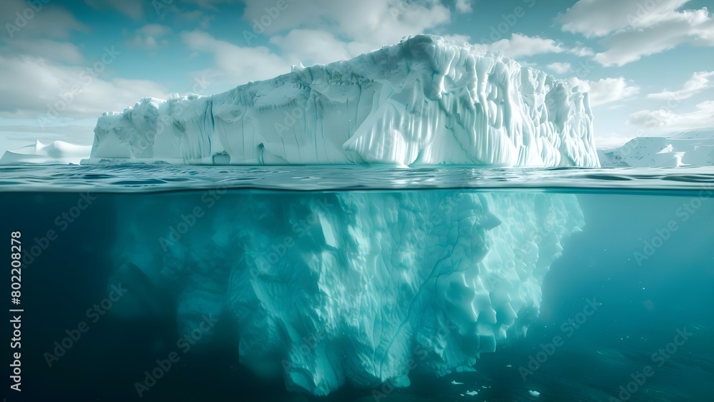The Hidden Impacts of Melting Ice Revealed by Partially Visible Iceberg. Concept Climate Change, Ocean Conservation, Environmental Impacts, Iceberg Melting, Biodiversity Loss The Hidden Impacts of Melting Ice Revealed by Partially Visible Iceberg. Concept Climate Change, Ocean Conservation, Environmental Impacts, Iceberg Melting, Biodiversity Loss