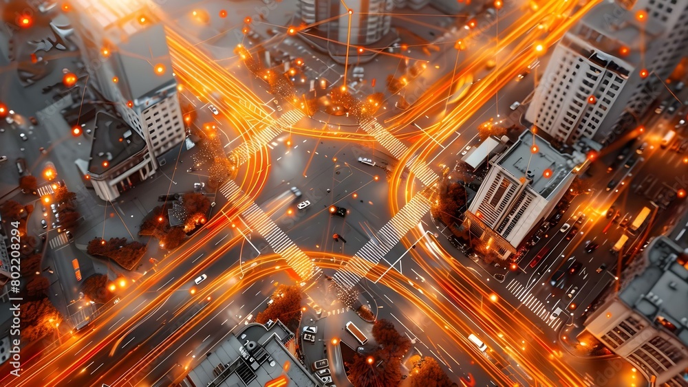 Navigating a city intersection: Aerial view of autonomous vehicles controlled by AI. Concept City Intersection, Aerial View, Autonomous Vehicles, AI Technology, Urban Traffic Management