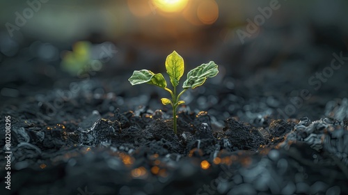 A striking image capturing the rebirth of a burnt tree's base, teeming with fresh sprouts, embodies nature's resilience and renewal. photo