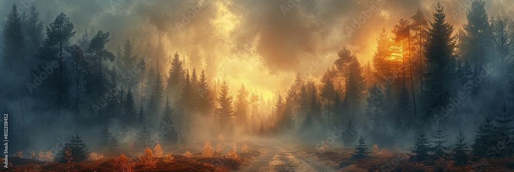 A forest path shrouded in mist, lit by an enigmatic glow, evoking an eerie yet captivating ambiance.