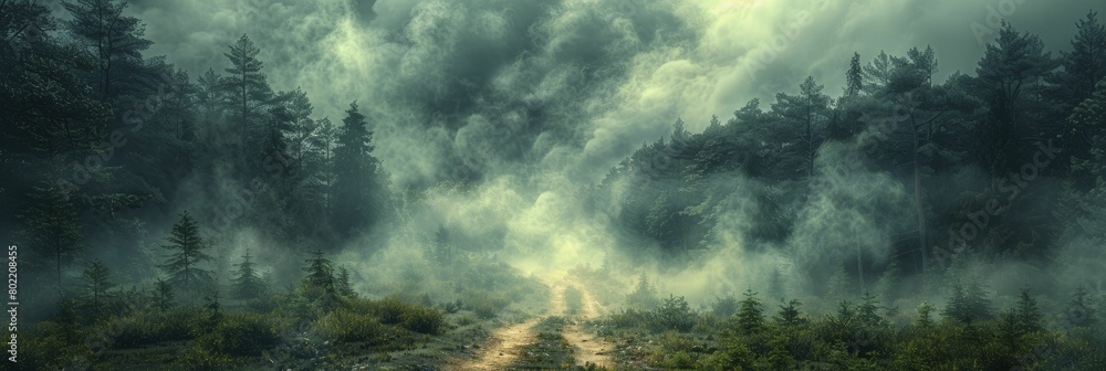 An eerie mist cloaks the winding path through the forest, illuminated by a mystifying and ethereal glow. An eerie mist cloaks the winding path through the forest, illuminated by a mystifying and ethereal glow.