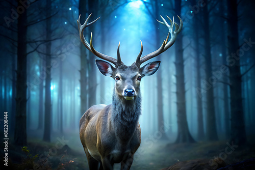 A deer with blue light and is standing in the dark deepest of the forest, illustration clipart, 1500s, isolated in the nightmare forest photo