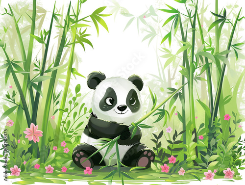 Cute cartoon panda sitting on the ground holding bamboo  surrounded by tall green and dense bamboo with pink flowers in a spring forest background. 