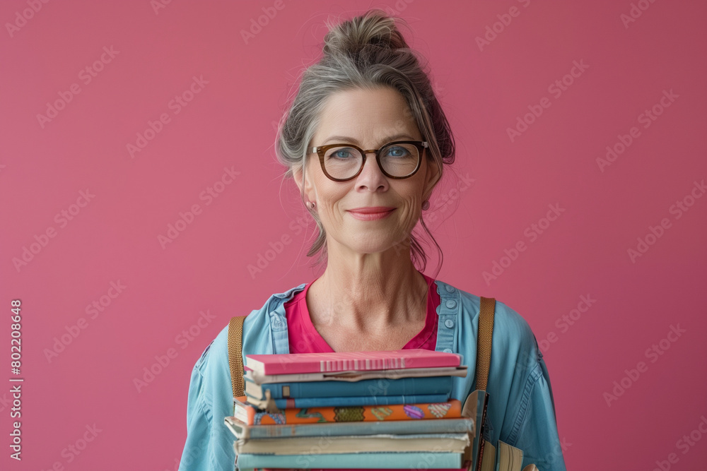 an elderly woman with textbooks on a pink background an elderly woman with textbooks on a pink background