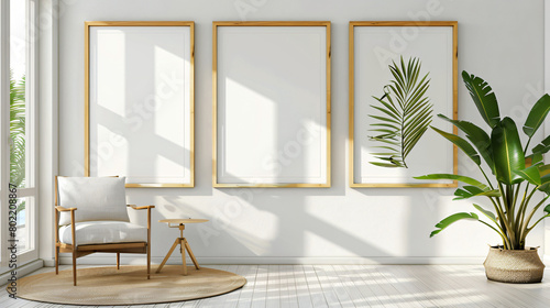 Collage of blank photo frames in light interiors