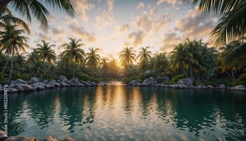 beautiful tropical scene with a large body of water and palm trees