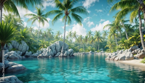 beautiful tropical beach with palm trees and a body of water
