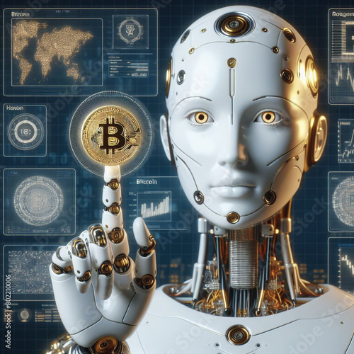 A robot with a human-like index finger touching a Bitcoin coin displays information related to financial development, planning, investing, numbers, graphs and circuit boards.