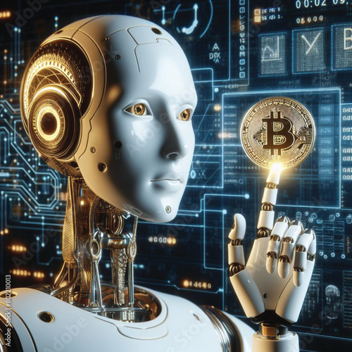 A robot with a human-like index finger touching a Bitcoin coin displays information related to financial development, planning, investing, numbers, graphs and circuit boards.