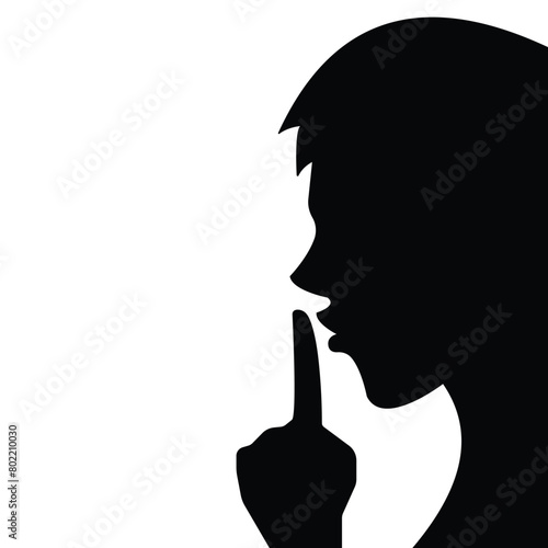 Man from side view with hand finger in front of mouth. Ssshhh please be quiet shadow silhouette illustration isolated on white background. Simple flat whisper poster drawing for prints.