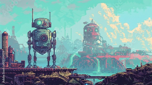 A whimsical pixel art scene featuring a robot in a retro-futuristic landscape, combining nostalgia with futuristic elements