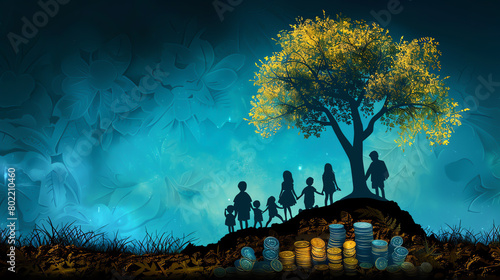 The illustration shows a family of seven standing on a hill. There is a large tree with golden leaves behind them. The family is looking at the view. There are many coins in front of them. photo