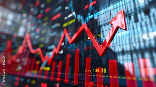 Red arrow pointing up on the stock market graph with a building background, representing the business concept of financial growth and increasing profits for a company.