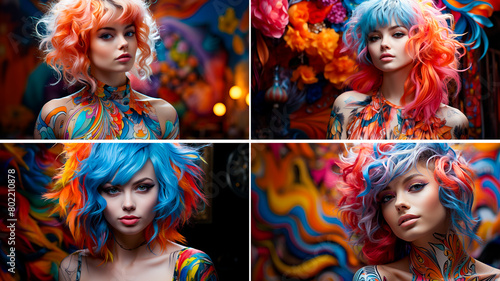 4 photos, Bright and vibrant hair and makeup. A keen and unique sense of fashion. Includes elements of punk and fantasy in his style. Shows individuality and self-expression through his appearance. © Sasha