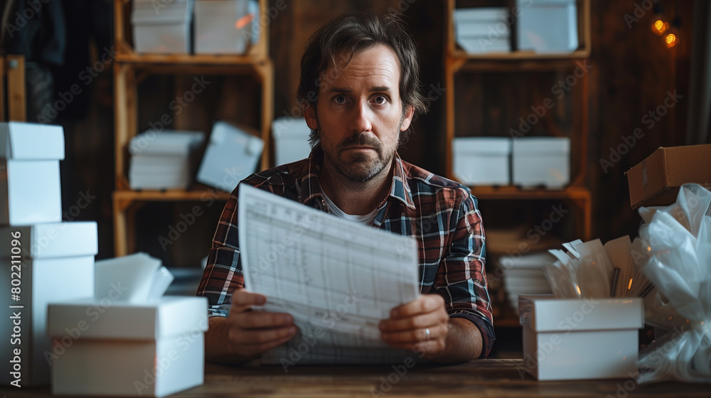 Man dealing with the stress of overdue bills and tax paperwork Man dealing with the stress of overdue bills and tax paperwork