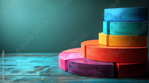 3D illustration of a colorful pie chart made of multiple stacked pie charts, each a different color. photo