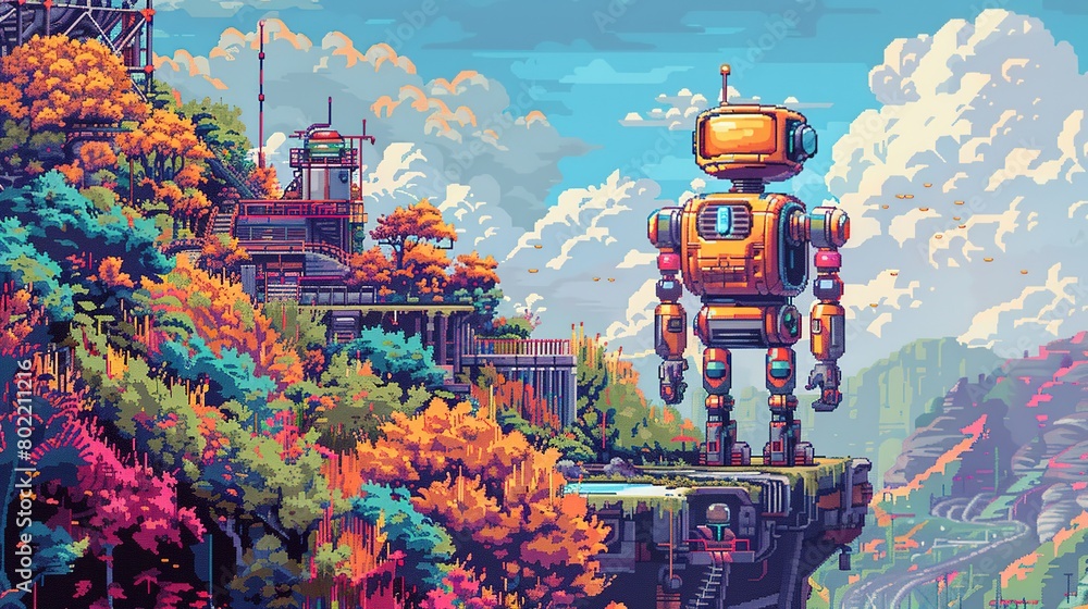 A whimsical pixel art scene featuring a robot in a retro-futuristic landscape, combining nostalgia with futuristic elements