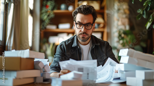 Man working through paperwork, frustrated by overdue bills and taxes