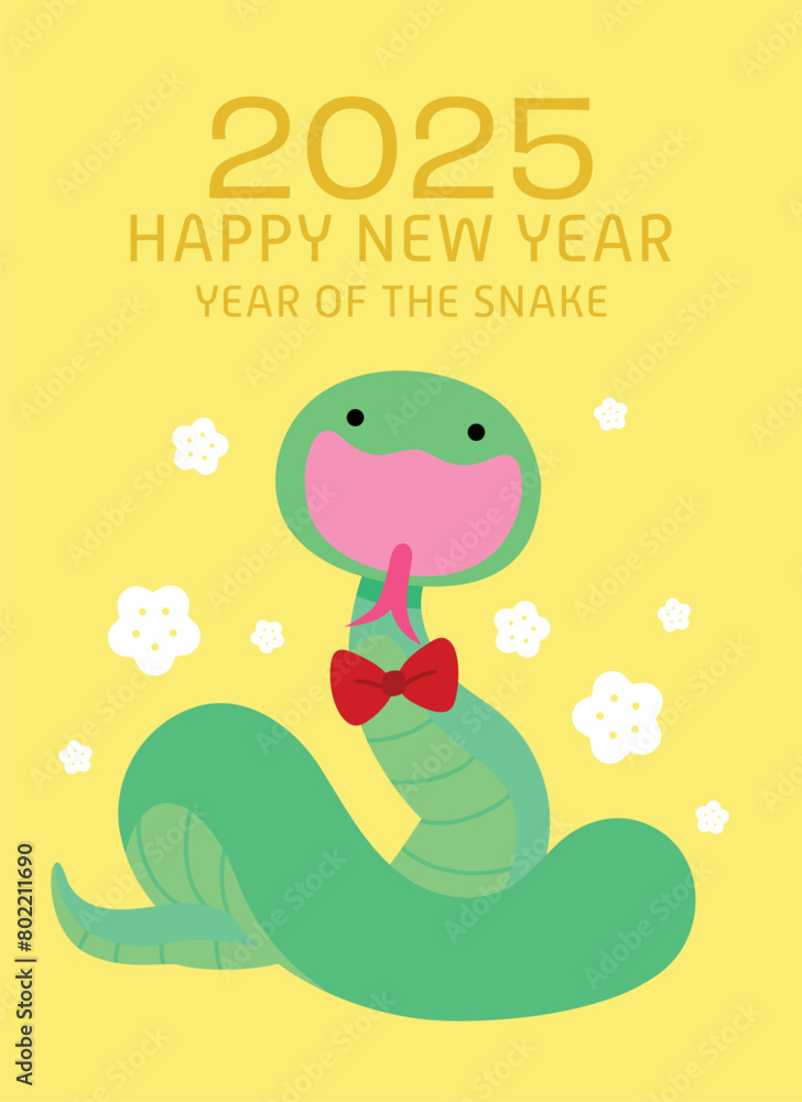 Fototapeta premium Funny chinese new year of the snake card. Lunar new year 2025 greeting card with plum blossoms pattern.
