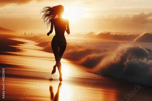 woman running on the beach with the sun setting in the background