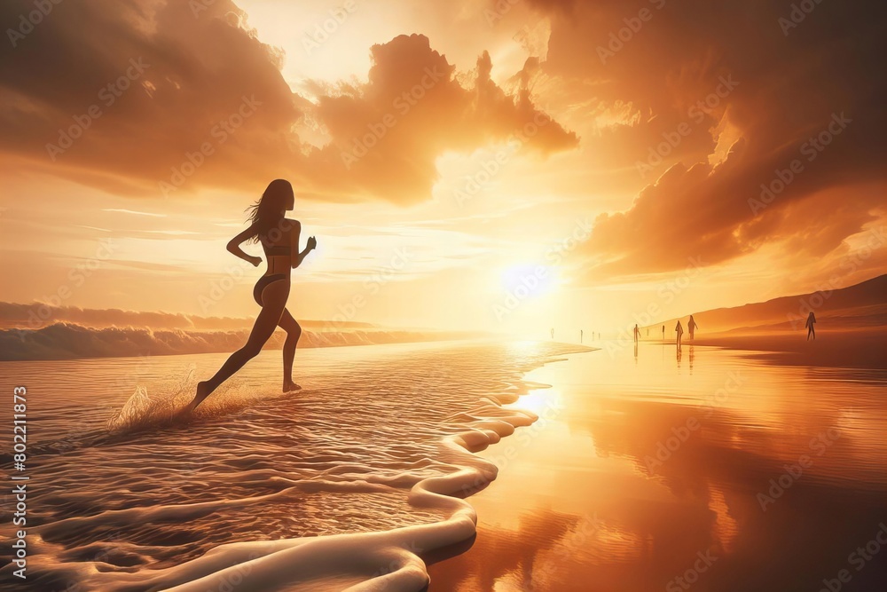 woman runs on the beach at sunset woman runs on the beach at sunset